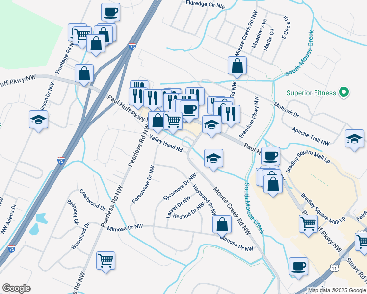 map of restaurants, bars, coffee shops, grocery stores, and more near 24 Stratford Circle Northwest in Cleveland