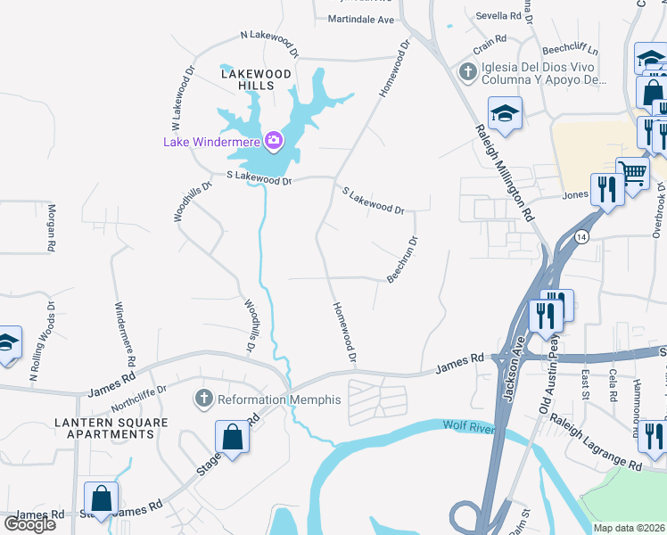 map of restaurants, bars, coffee shops, grocery stores, and more near 3074 Homewood Drive in Memphis