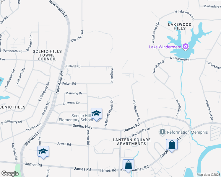 map of restaurants, bars, coffee shops, grocery stores, and more near 3515 Felton Road in Memphis