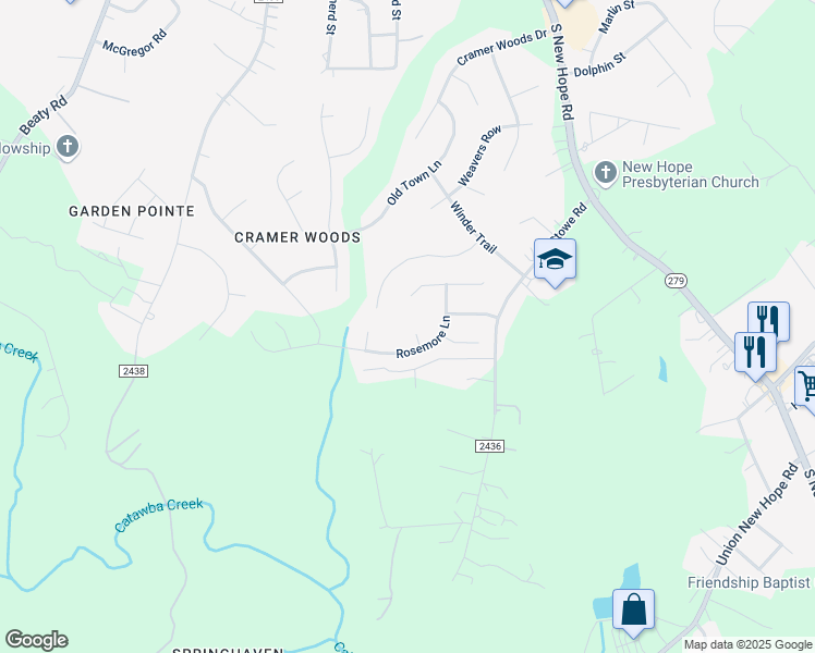 map of restaurants, bars, coffee shops, grocery stores, and more near 4804 Weber Court in Gastonia