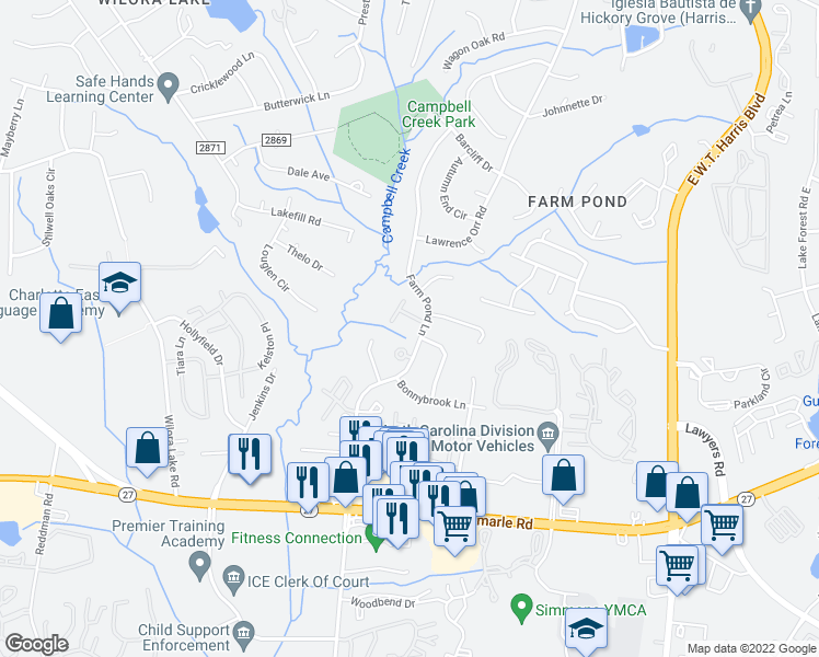 map of restaurants, bars, coffee shops, grocery stores, and more near 5218 Farm Pond Lane in Charlotte