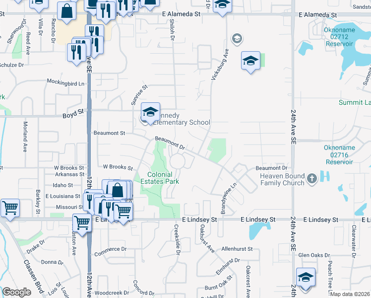 map of restaurants, bars, coffee shops, grocery stores, and more near 639 Sinclair Drive in Norman