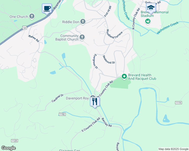 map of restaurants, bars, coffee shops, grocery stores, and more near 351 Evergreen Street in Brevard