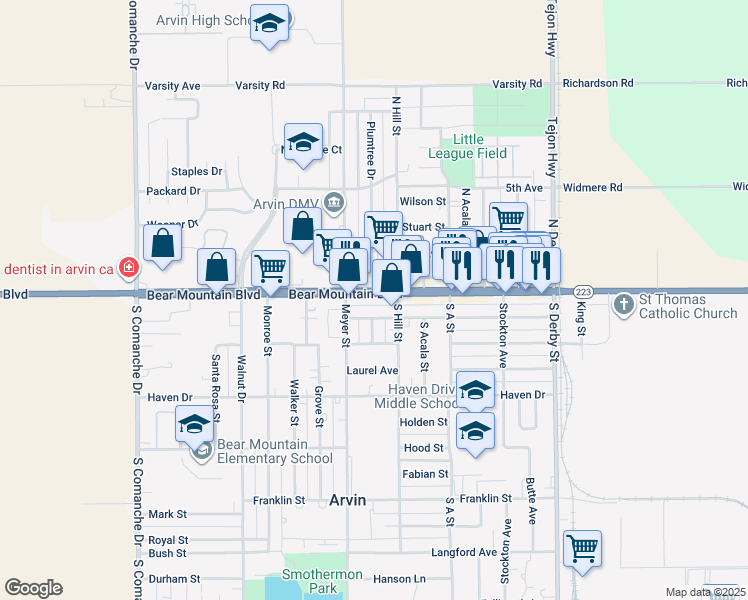 map of restaurants, bars, coffee shops, grocery stores, and more near 737 Bear Mountain Boulevard in Arvin