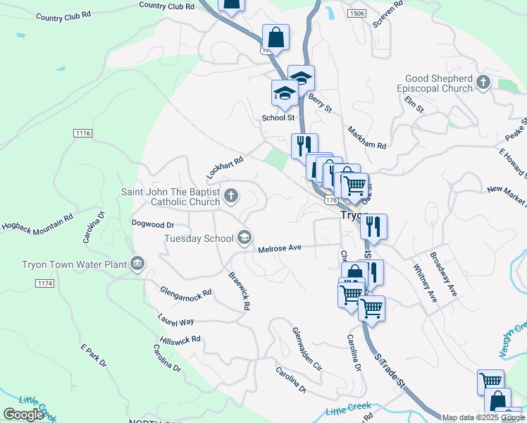 map of restaurants, bars, coffee shops, grocery stores, and more near 547 Lockhart Road in Tryon
