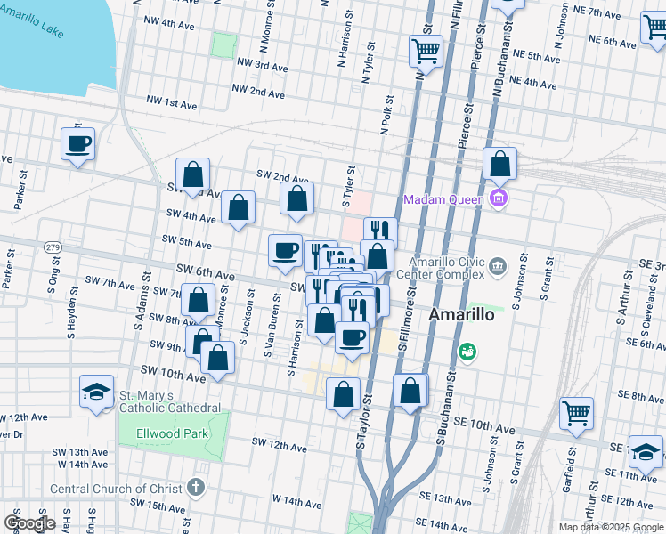 map of restaurants, bars, coffee shops, grocery stores, and more near 205 Southwest 5th Avenue in Amarillo