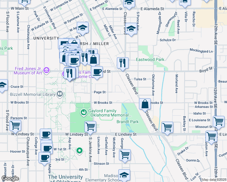 map of restaurants, bars, coffee shops, grocery stores, and more near 401 Page Circle in Norman