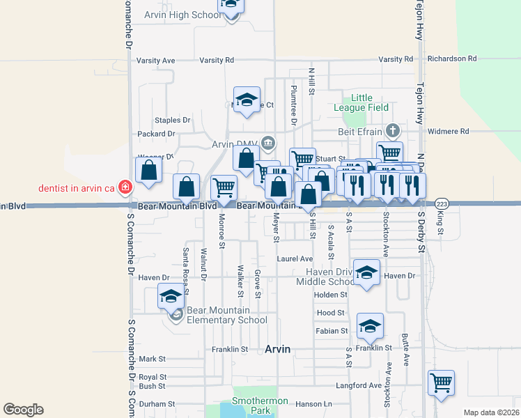 map of restaurants, bars, coffee shops, grocery stores, and more near 900 Bear Mountain Boulevard in Arvin