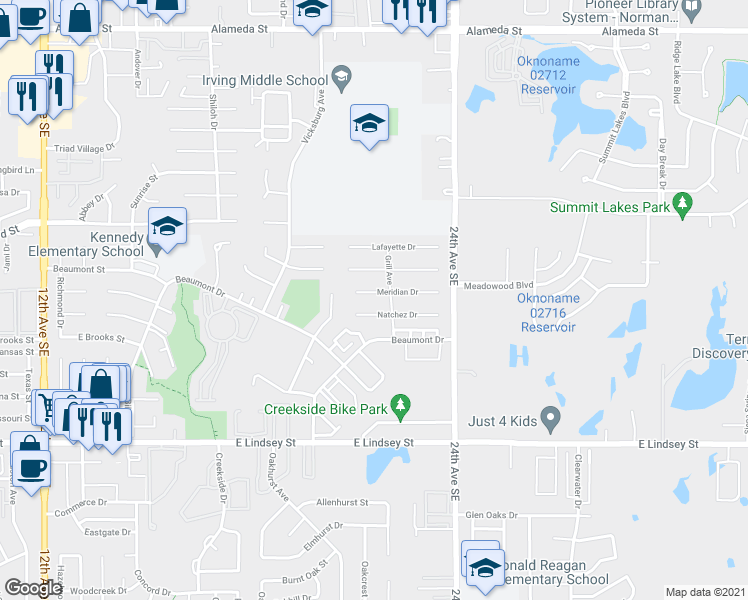 map of restaurants, bars, coffee shops, grocery stores, and more near 2120 Meridian Drive in Norman