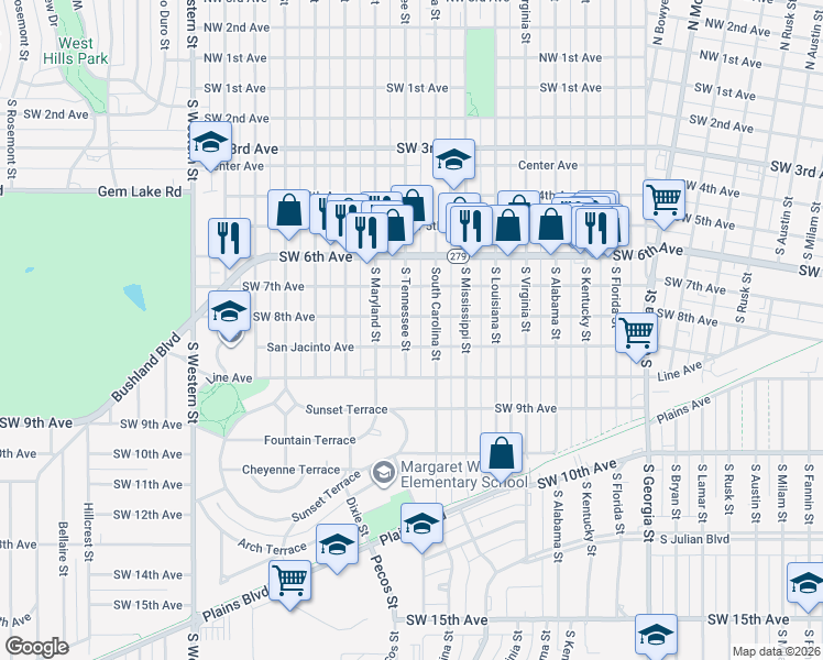 map of restaurants, bars, coffee shops, grocery stores, and more near 711 South Tennessee Street in Amarillo