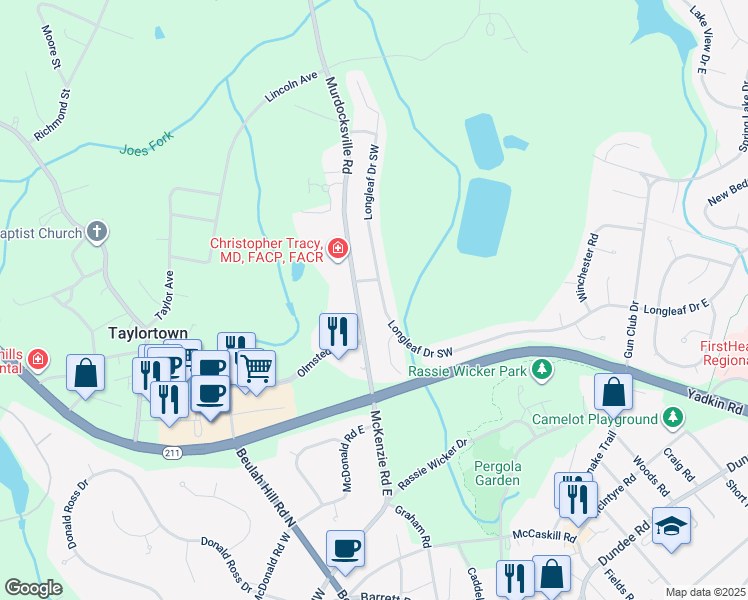 map of restaurants, bars, coffee shops, grocery stores, and more near 2425 Longleaf Drive Southwest in Pinehurst