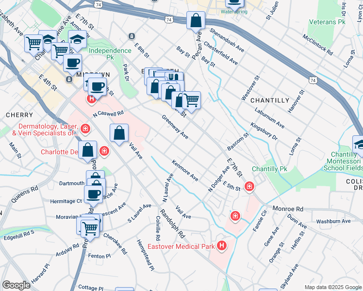map of restaurants, bars, coffee shops, grocery stores, and more near 2213 East 5th Street in Charlotte