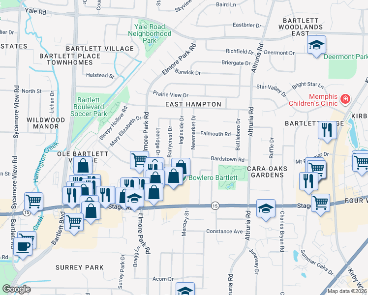 map of restaurants, bars, coffee shops, grocery stores, and more near 3048 Ingleside Drive in Bartlett
