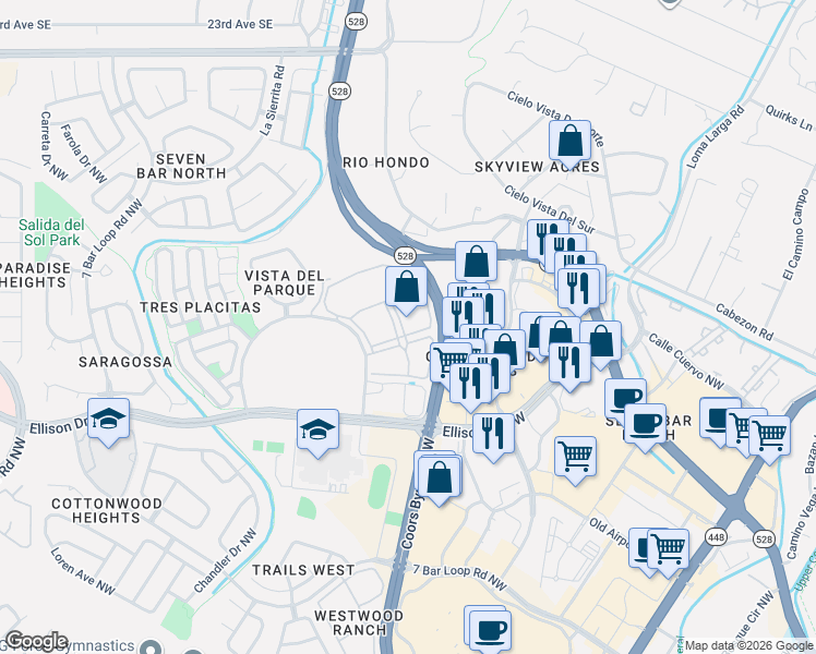 map of restaurants, bars, coffee shops, grocery stores, and more near 10600 Cibola Loop Northwest in Albuquerque