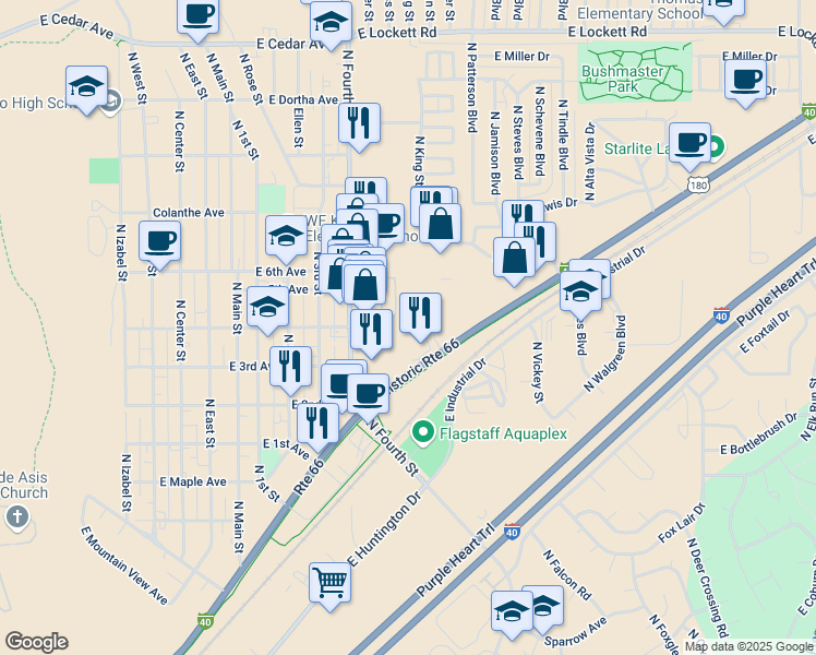 map of restaurants, bars, coffee shops, grocery stores, and more near 2351 Postal Boulevard in Flagstaff