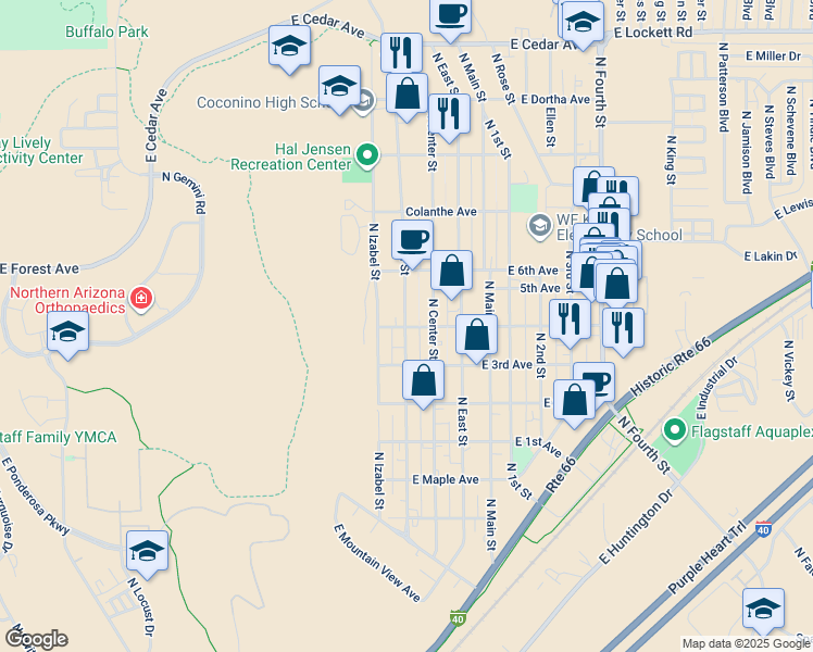 map of restaurants, bars, coffee shops, grocery stores, and more near 2114 North West Street in Flagstaff