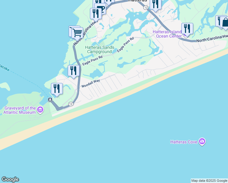 map of restaurants, bars, coffee shops, grocery stores, and more near 58220 Sea View Drive in Hatteras