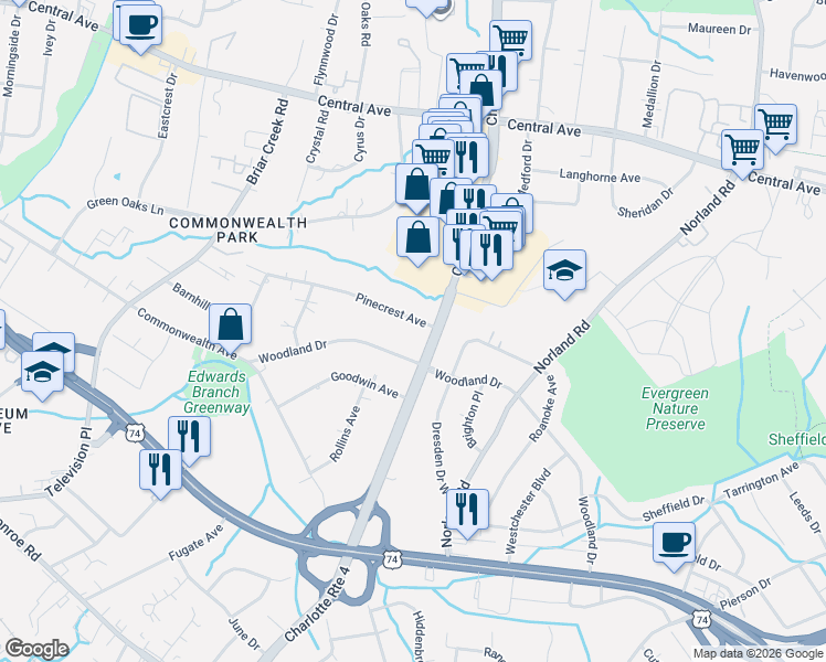 map of restaurants, bars, coffee shops, grocery stores, and more near 1539 Pinecrest Avenue in Charlotte