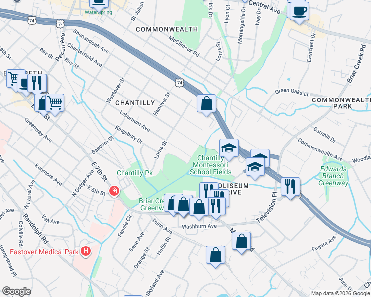 map of restaurants, bars, coffee shops, grocery stores, and more near 2613 Laburnum Avenue in Charlotte