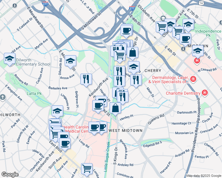 map of restaurants, bars, coffee shops, grocery stores, and more near 600 South Kings Drive in Charlotte