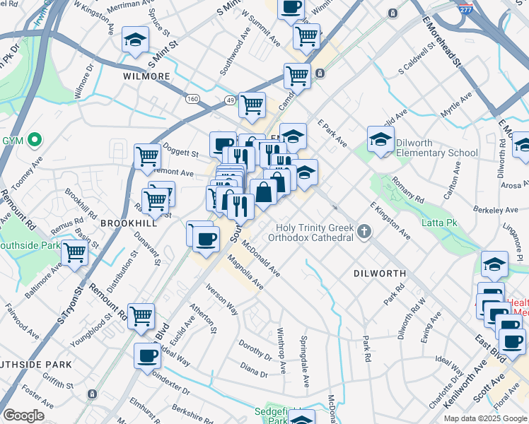 map of restaurants, bars, coffee shops, grocery stores, and more near 217 East Tremont Avenue in Charlotte