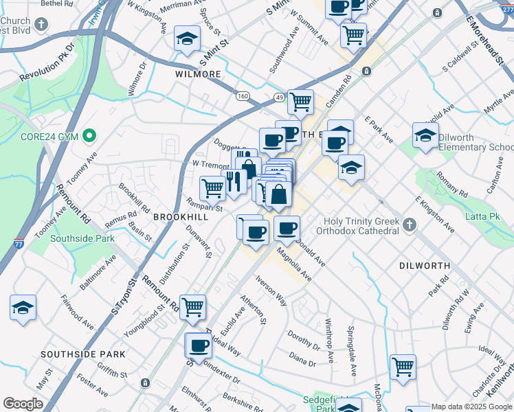map of restaurants, bars, coffee shops, grocery stores, and more near 2127 Hawkins Street in Charlotte