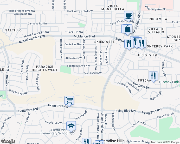 map of restaurants, bars, coffee shops, grocery stores, and more near 10516 Supernova Street Northwest in Albuquerque