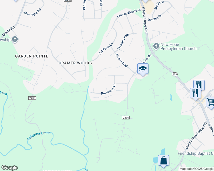 map of restaurants, bars, coffee shops, grocery stores, and more near 4804 Weber Court in Gastonia