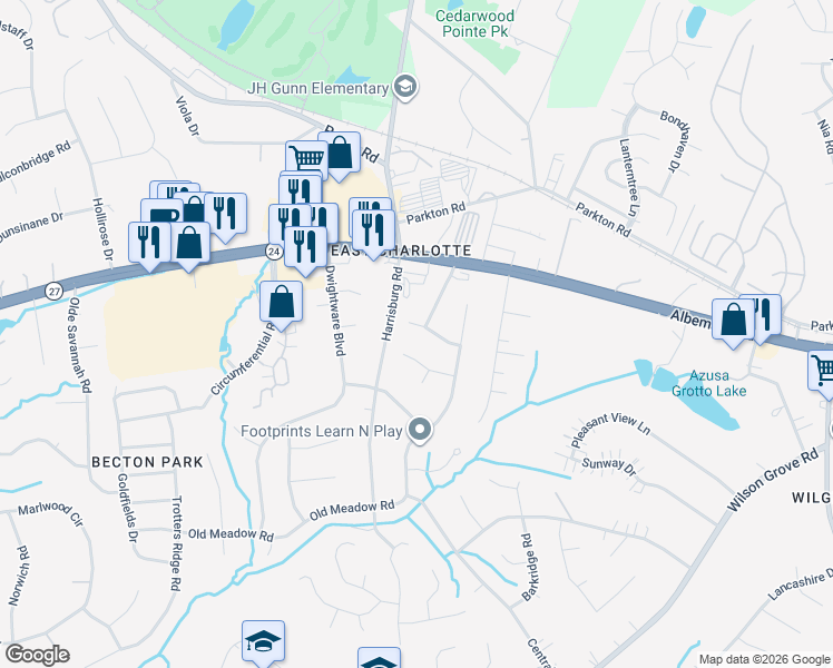 map of restaurants, bars, coffee shops, grocery stores, and more near 9305 Split Rail Lane in Charlotte