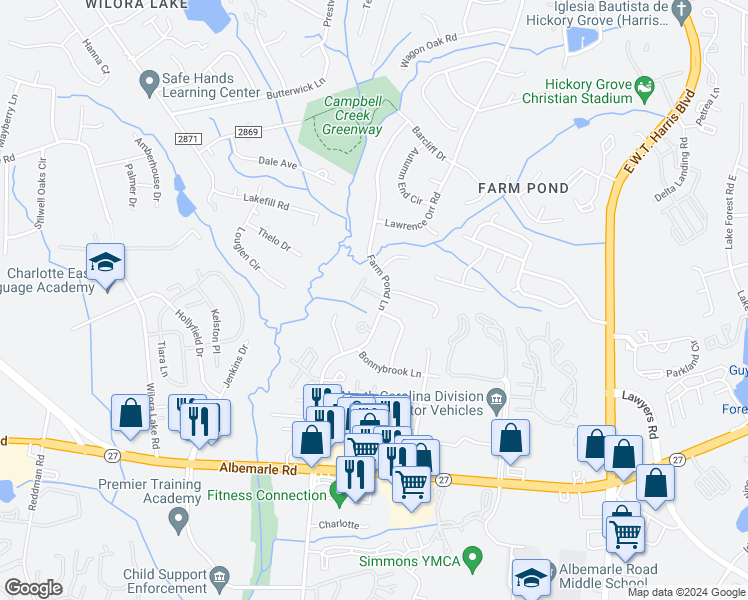 map of restaurants, bars, coffee shops, grocery stores, and more near 5214 Farm Pond Lane in Charlotte