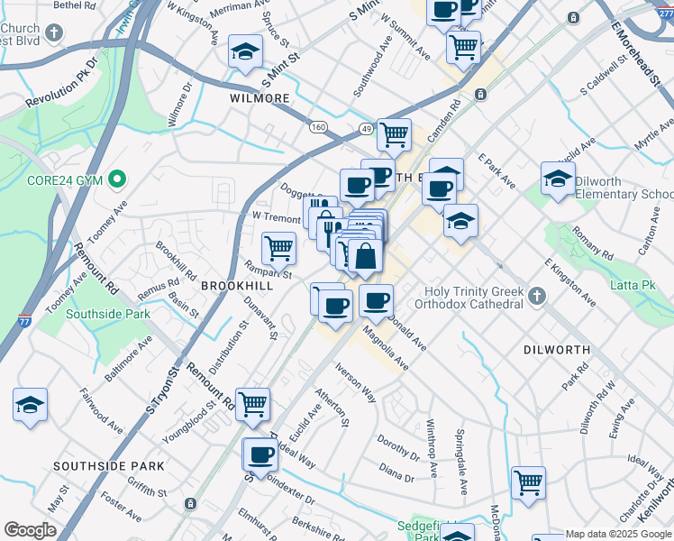 map of restaurants, bars, coffee shops, grocery stores, and more near 2151 Hawkins Street in Charlotte