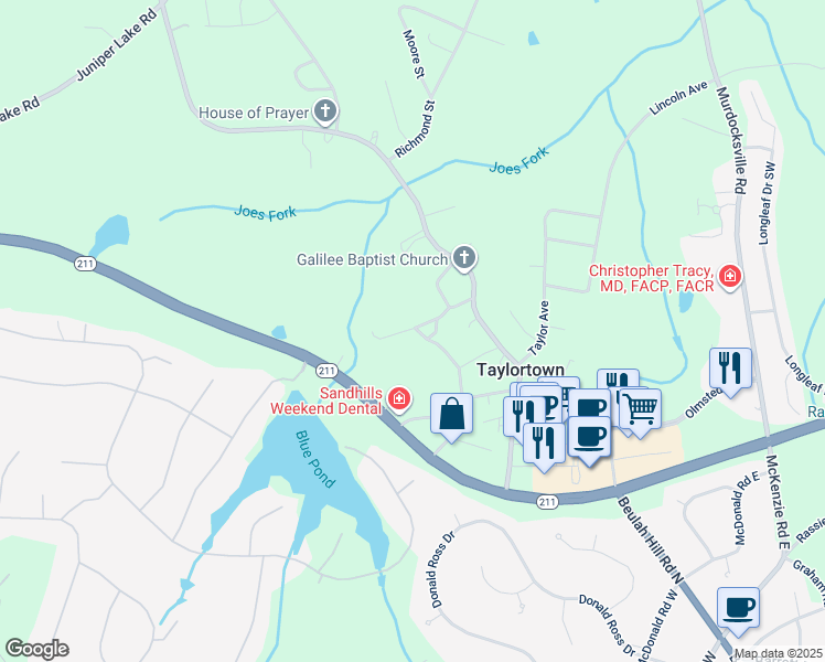 map of restaurants, bars, coffee shops, grocery stores, and more near 201 Tom McIntosh Street in Taylortown
