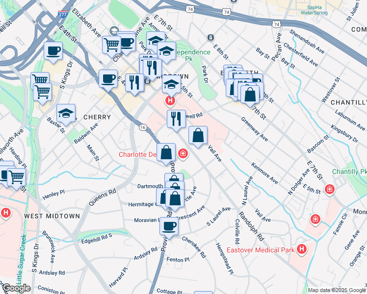 map of restaurants, bars, coffee shops, grocery stores, and more near 1915 Randolph Road in Charlotte