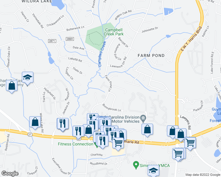 map of restaurants, bars, coffee shops, grocery stores, and more near Farm Pond Ln & Bent Tree Ct in Charlotte