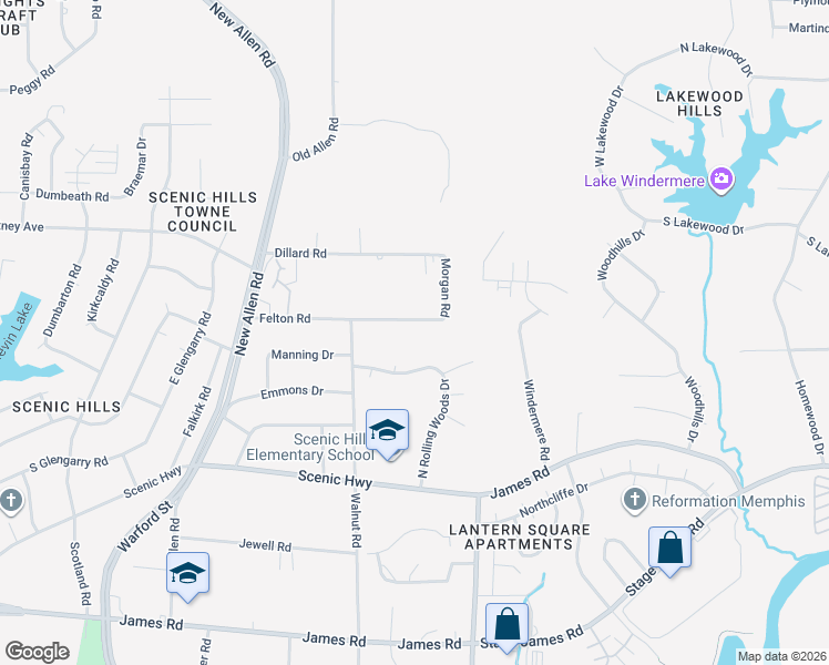 map of restaurants, bars, coffee shops, grocery stores, and more near 3479 Felton Road in Memphis