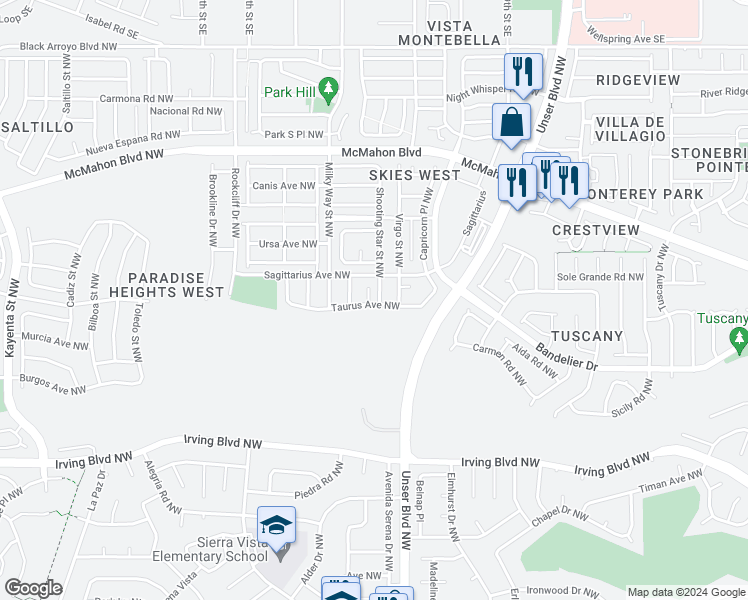 map of restaurants, bars, coffee shops, grocery stores, and more near 5852 Taurus Court Northwest in Albuquerque