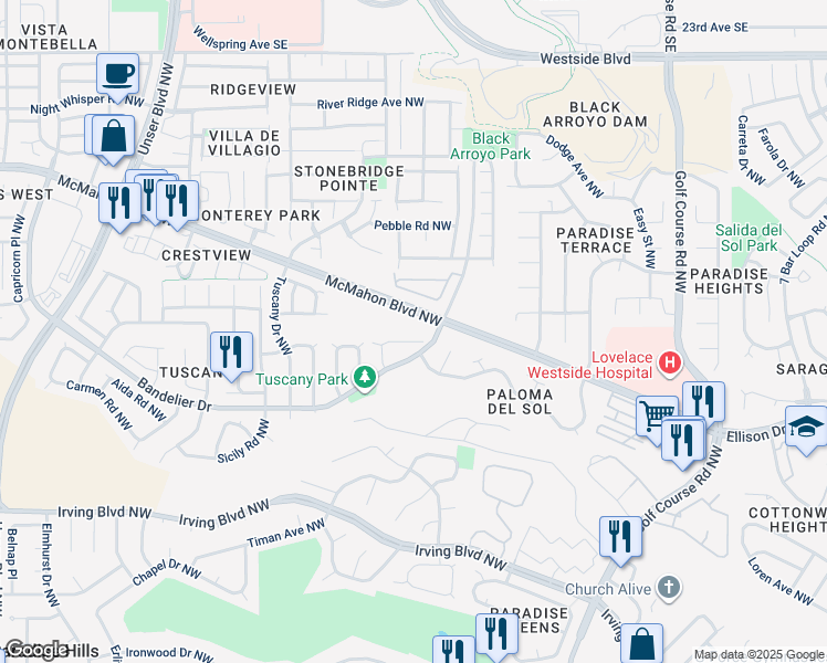 map of restaurants, bars, coffee shops, grocery stores, and more near 5115 Trevi Place Northwest in Albuquerque
