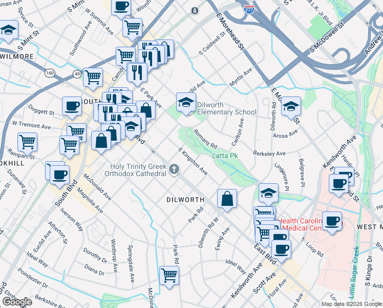 map of restaurants, bars, coffee shops, grocery stores, and more near 601 East Kingston Avenue in Charlotte
