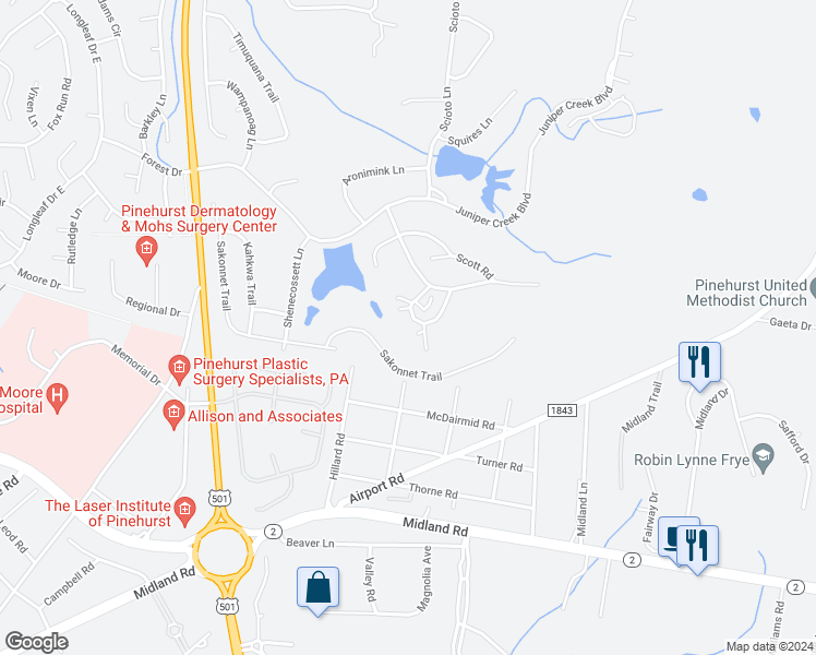 map of restaurants, bars, coffee shops, grocery stores, and more near 150 Barton Hills Court in Pinehurst