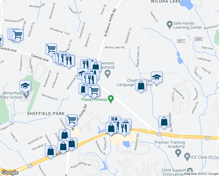 map of restaurants, bars, coffee shops, grocery stores, and more near 5301 Central Avenue in Charlotte