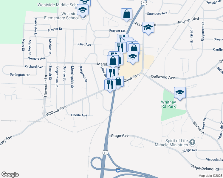 map of restaurants, bars, coffee shops, grocery stores, and more near 3077 Thomas Street in Memphis