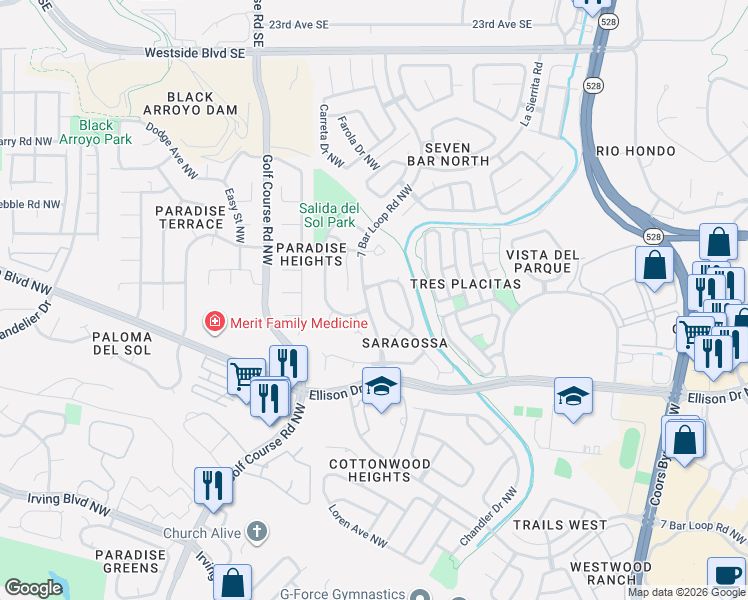 map of restaurants, bars, coffee shops, grocery stores, and more near 10553 Calle Alba Northwest in Albuquerque