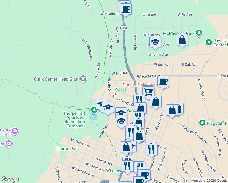 map of restaurants, bars, coffee shops, grocery stores, and more near 1024 North Navajo Drive in Flagstaff