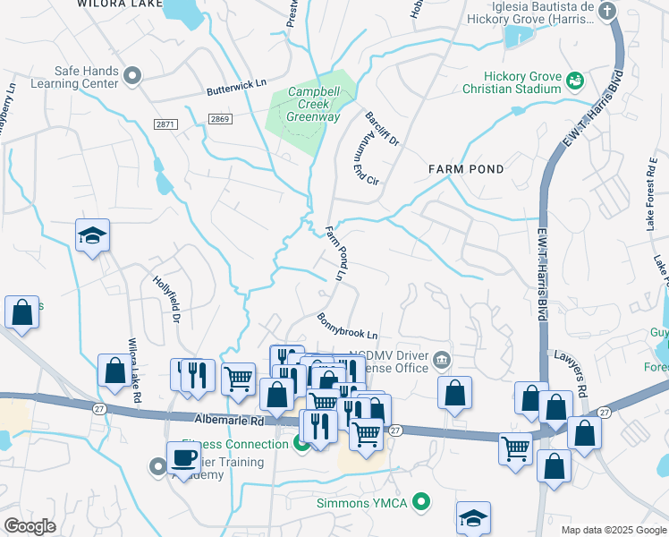 map of restaurants, bars, coffee shops, grocery stores, and more near 6112 Bent Tree Court in Charlotte