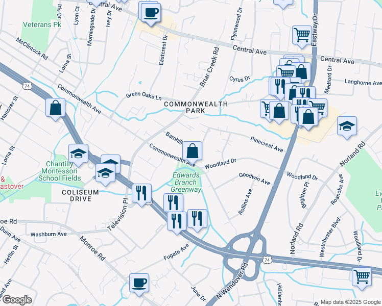 map of restaurants, bars, coffee shops, grocery stores, and more near 3219 Barnhill Drive in Charlotte
