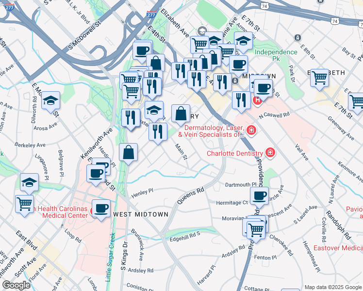 map of restaurants, bars, coffee shops, grocery stores, and more near 1623 Luther Street in Charlotte