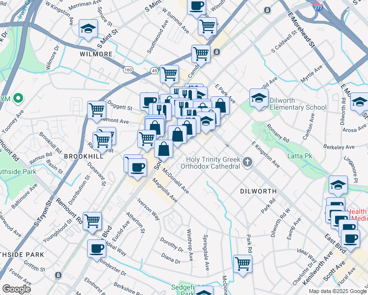 map of restaurants, bars, coffee shops, grocery stores, and more near 304 East Worthington Avenue in Charlotte