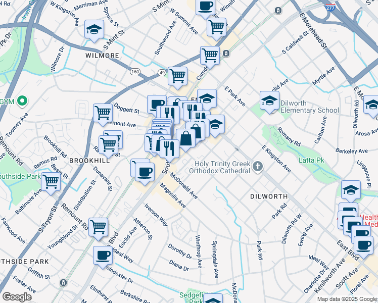map of restaurants, bars, coffee shops, grocery stores, and more near 217 East Tremont Avenue in Charlotte