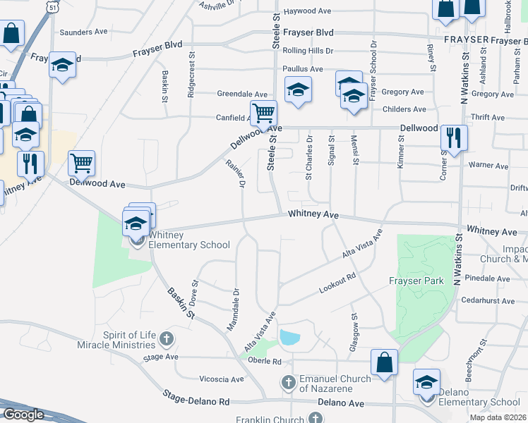 map of restaurants, bars, coffee shops, grocery stores, and more near 3055 Steele Street in Memphis