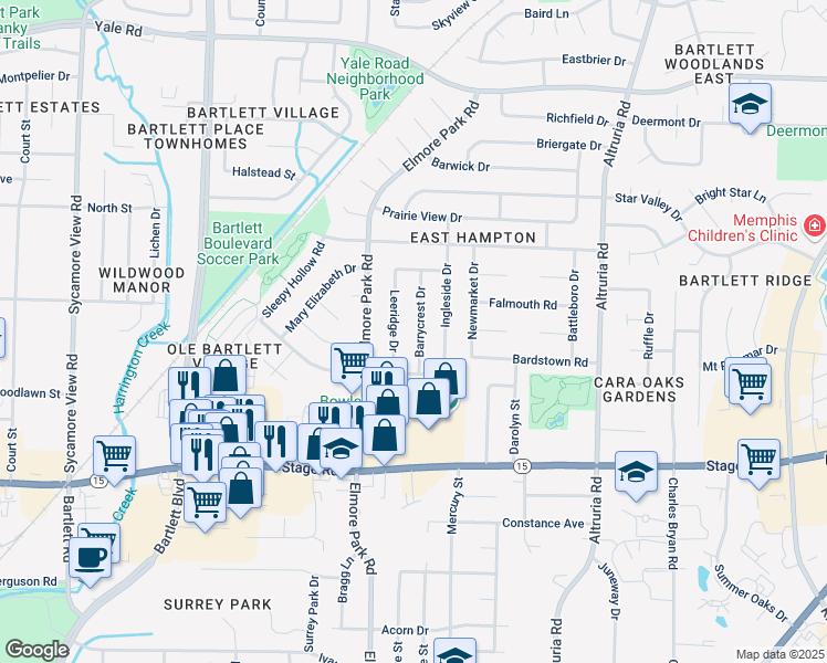 map of restaurants, bars, coffee shops, grocery stores, and more near 3051 Barrycrest Drive in Bartlett